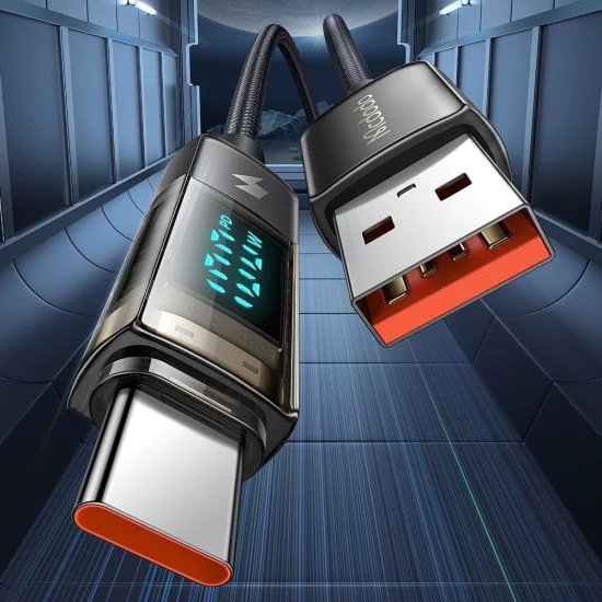 Кабел за данни – Mcdodo (CA-3630) – Type-C → USB-A, 6A, цифров дисплей, Auto Power Off, прозрачен дизайн, 1.2m – Черен