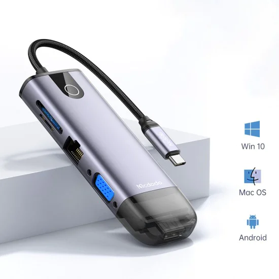 Хъб Mcdodo (HU-7420) - 10в1, 2x USB2.0, 2x USB3.0, USB-C PD100W, VGA, HDMI 4K, LAN, SD/TF слот, 5Gbps, Type-C кабел - Сив