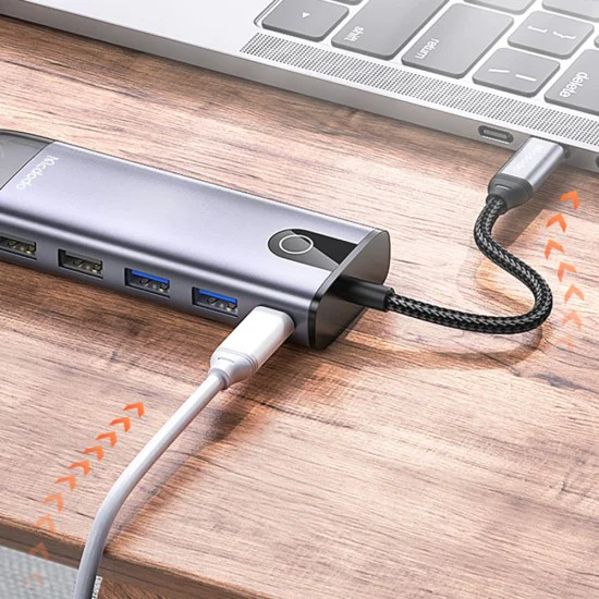 Хъб Mcdodo (HU-7420) - 10в1, 2x USB2.0, 2x USB3.0, USB-C PD100W, VGA, HDMI 4K, LAN, SD/TF слот, 5Gbps, Type-C кабел - Сив
