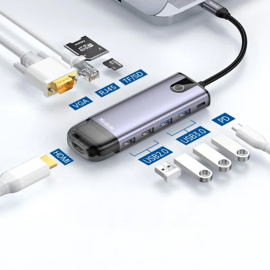 Хъб Mcdodo (HU-7420) - 10в1, 2x USB2.0, 2x USB3.0, USB-C PD100W, VGA, HDMI 4K, LAN, SD/TF слот, 5Gbps, Type-C кабел - Сив