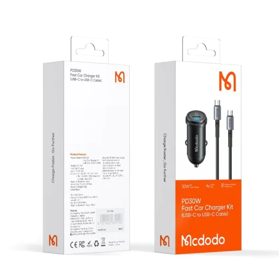 Зарядно за автомобил – Mcdodo Obsidian Series (CC-7493) – включен Type-C кабел, PD30W, Smart IC, 1.2m – Черен
