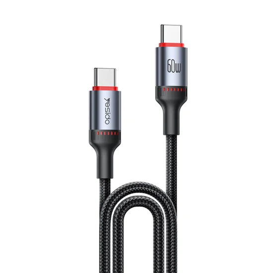 Кабел за данни – Yesido CA183 – Type-C → Type-C, fast charge 60W, 3A, 480Mbps, алуминий, 2m – Черен