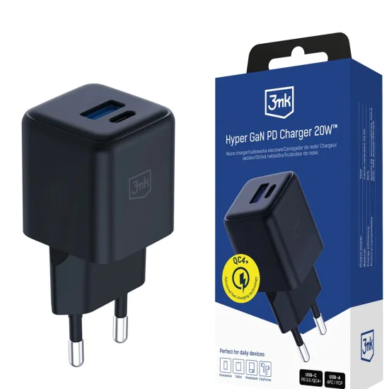 Зарядно устройство за стена 3mk Hyper - USB-A + USB-C, GaN технология, QC4+PD, 20W - Черно