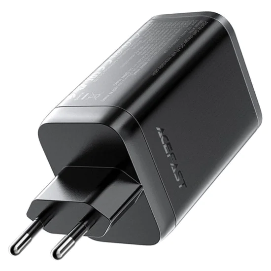 Зарядно за стена – Acefast A111 – с прибиращ се кабел, Fast Charging, GaN, 2x Type-C + USB, 67W, 3A, 65 cm – Черен