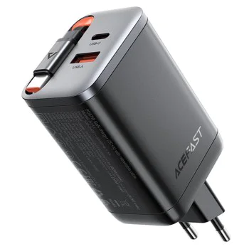 Зарядно за стена – Acefast A111 – с прибиращ се кабел, Fast Charging, GaN, 2x Type-C + USB, 67W, 3A, 65 cm – Черен