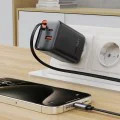Зарядно за стена – Acefast A111 – с прибиращ се кабел, Fast Charging, GaN, 2x Type-C + USB, 67W, 3A, 65 cm – Черен