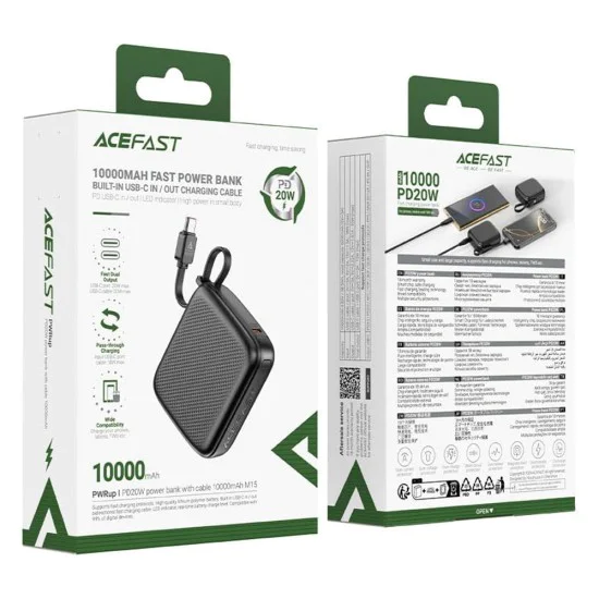 Външна батерия – Acefast (M15-10000) – с Type-C кабел + порт, 10000mAh, 38.5Wh, PD20W, LED индикатор – Черен