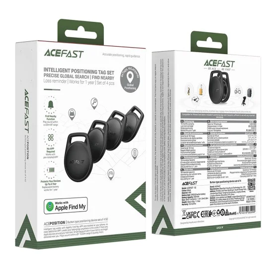 Смарт тракери (4 броя) – Acefast S2 – Apple Find My, връзка, Bluetooth, 230mAh – Черен