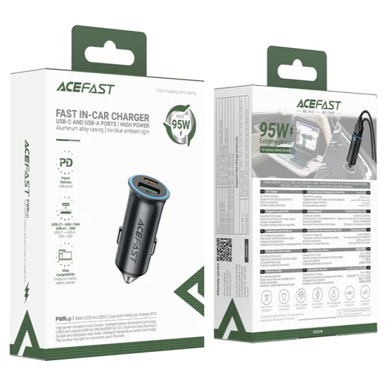 Зарядно за автомобил – Acefast B16 – Fast Charge, USB, Type-C, 95W, PD3.0, лед ефект, алуминий – Металносив - Сив
