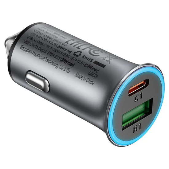 Зарядно за автомобил – Acefast B16 – Fast Charge, USB, Type-C, 95W, PD3.0, лед ефект, алуминий – Металносив - Сив