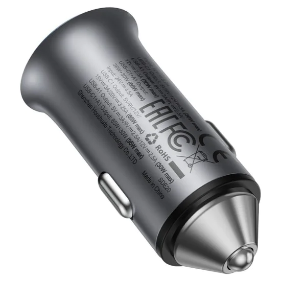 Зарядно за автомобил – Acefast B16 – Fast Charge, USB, Type-C, 95W, PD3.0, лед ефект, алуминий – Металносив - Сив