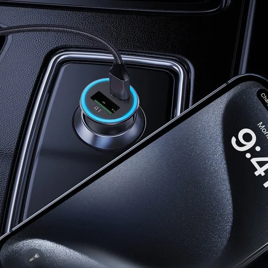 Зарядно за автомобил – Acefast B16 – Fast Charge, USB, Type-C, 95W, PD3.0, лед ефект, алуминий – Металносив - Сив
