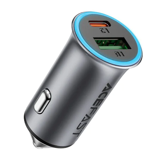 Зарядно за автомобил – Acefast B16 – Fast Charge, USB, Type-C, 95W, PD3.0, лед ефект, алуминий – Металносив - Сив