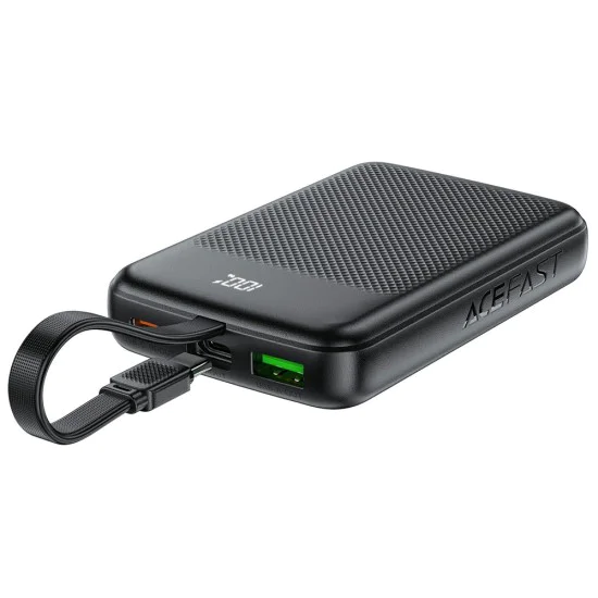 Външна батерия – Acefast (M13-10000) – с вграден кабел, Type-C, USB, 10000mAh, 38.5Wh, PD22.5W, LED дисплей – Черен