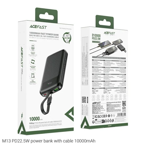Външна батерия – Acefast (M13-10000) – с вграден кабел, Type-C, USB, 10000mAh, 38.5Wh, PD22.5W, LED дисплей – Черен