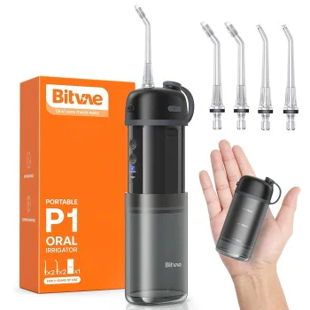 Зъбен душ (иригатор) Bitvae P1 (BVP1) - с телескопичен резервоар, 4 накрайника, IPX7 - Черен