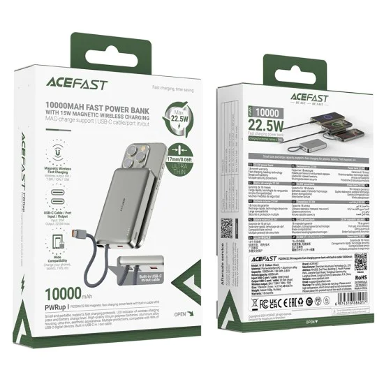 Външна батерия – Acefast (M18-10000) – магнитна, с вграден кабел, USB-C, 10000mAh, 38.5Wh, PD22.5W, LED светлина – Черен