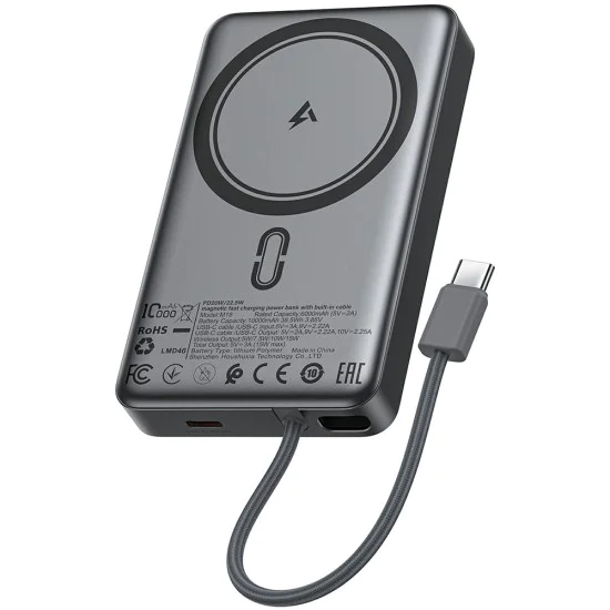 Външна батерия – Acefast (M18-10000) – магнитна, с вграден кабел, USB-C, 10000mAh, 38.5Wh, PD22.5W, LED светлина – Черен