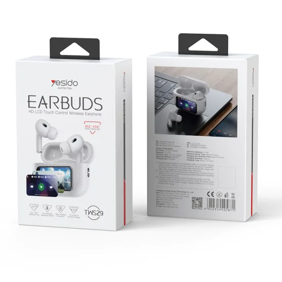Безжични слушалки – Yesido Wireless Earbuds (TWS29) – LCD екран, TWS, микрофон, Bluetooth, в ухо дизайн, 360mAh – Бели