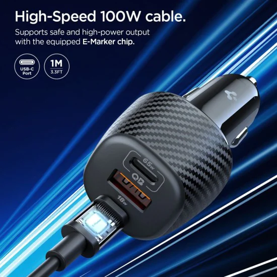 Зарядно за кола Spigen Essential (EV1133) - 3в1, USB + 2x Type-C, 113W - Черно