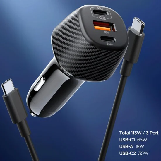 Зарядно за кола Spigen Essential (EV1133) - 3в1, USB + 2x Type-C, 113W - Черно