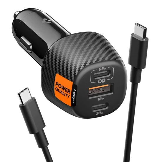 Зарядно за кола Spigen Essential (EV1133) - 3в1, USB + 2x Type-C, 113W - Черно
