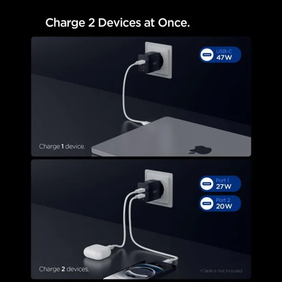 Зарядно за стена Spigen Essential (EE472EU) - 2x Type-C, 47W - Черно