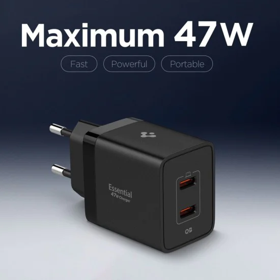 Зарядно за стена Spigen Essential (EE472EU) - 2x Type-C, 47W - Черно