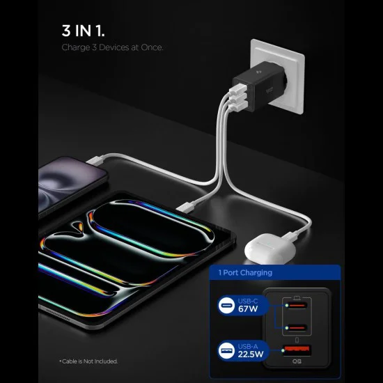 Зарядно за стена Spigen Essential (EE673EU) - USB + 2x Type-C, 67W - Черно