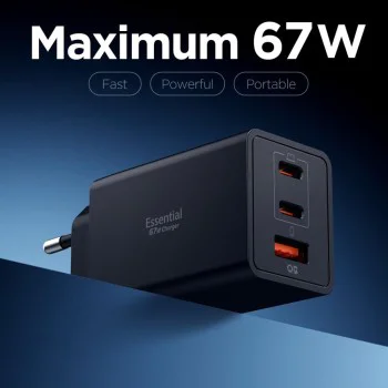 Зарядно за стена Spigen Essential (EE673EU) - USB + 2x Type-C, 67W - Черно