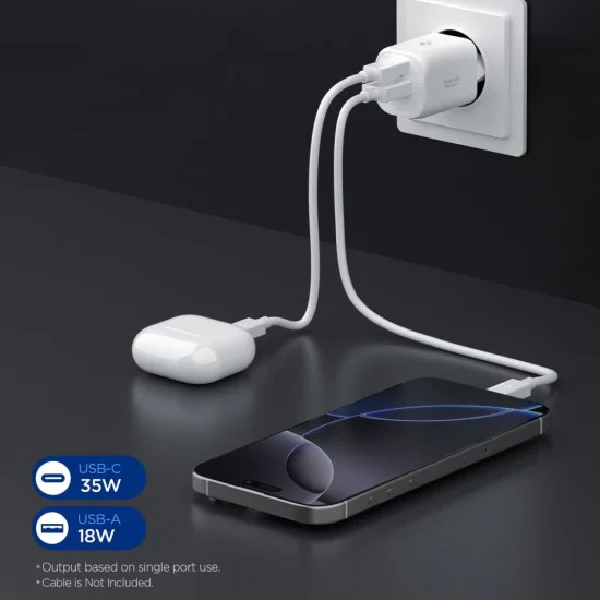 Зарядно за стена Spigen Essential (EE352EU) - USB + Type-C, 35W - Бяло