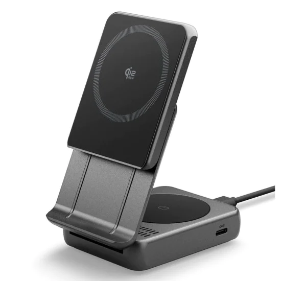 Безжична зарядна станция Spigen Essential (EF302MOQ) - MagSafe, Qi2.2, 3в1, Сгъваема, 25W - Сива