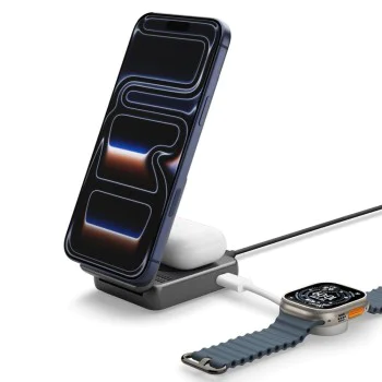 Безжична зарядна станция Spigen Essential (EF302MOQ) - MagSafe, Qi2.2, 3в1, Сгъваема, 25W - Сива