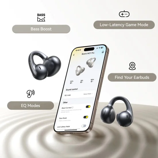 Безжични слушалки Bowie MC1 Pro (A0102503) - Baseus - Bluetooth 6.0, Hi-Res, тип щипка (Open Ear) - Космическо черно