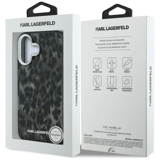 Калъф за iPhone 16 - Karl Lagerfeld IML Leopard Pattern MagSafe - Черен