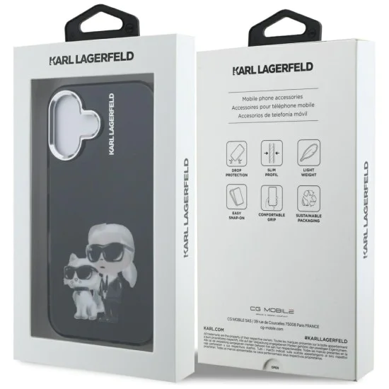 Калъф за iPhone 16 - Karl Lagerfeld IML Aquarelle Karl & Choupette - Черен