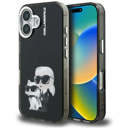 Калъф за iPhone 16 - Karl Lagerfeld IML Aquarelle Karl & Choupette - Черен