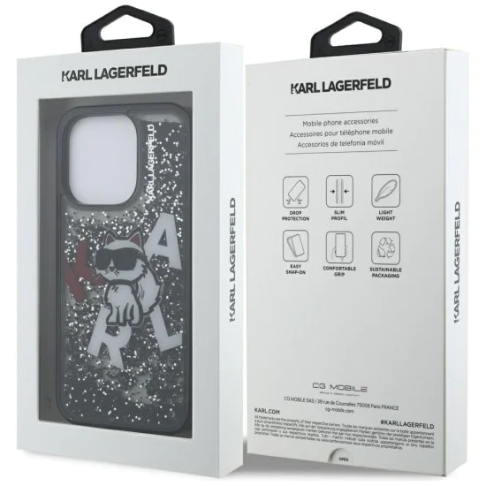 Калъф за iPhone 16 Pro Max - Karl Lagerfeld Liquid Glitter Choupette Logo MagSafe - Черен