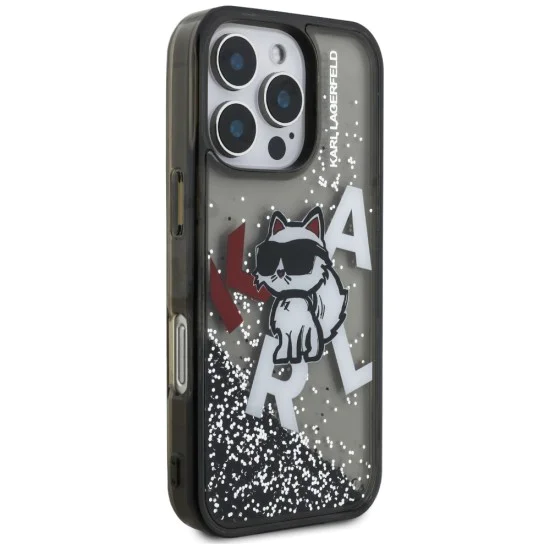 Калъф за iPhone 16 Pro Max - Karl Lagerfeld Liquid Glitter Choupette Logo MagSafe - Черен