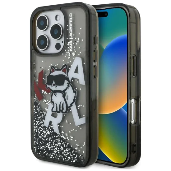 Калъф за iPhone 16 Pro - Karl Lagerfeld Liquid Glitter Choupette Logo MagSafe - Черен