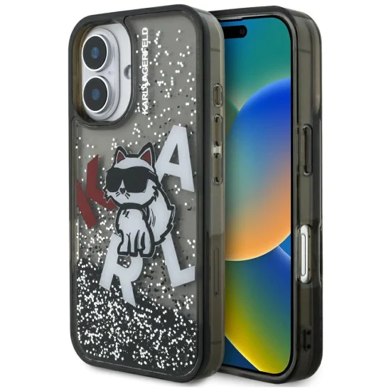 Калъф за iPhone 16 - Karl Lagerfeld Liquid Glitter Choupette Logo MagSafe - Черен