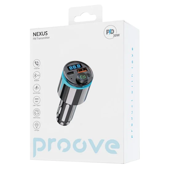 Зарядно за кола с FM трансмитер Proove (FMNX30110001) - Bluetooth 5.3, Fast Charge, 30W - Черно