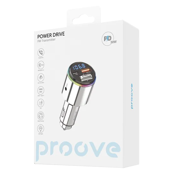 Зарядно за кола с FM трансмитер Proove (FMPD30110006) - Bluetooth 5.3, Fast Charge, 30W - Сребристо