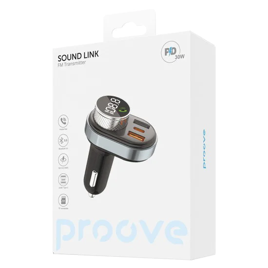 Зарядно за кола с FM трансмитер Proove (FMSL30110001) - Bluetooth 5.4, Fast Charge, 30W - Черно