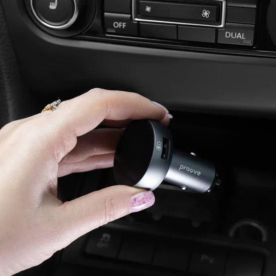 Зарядно за кола с FM трансмитер Proove (FMSS30110003) - Тъчскрийн, Bluetooth 5.0, 30W - Сиво