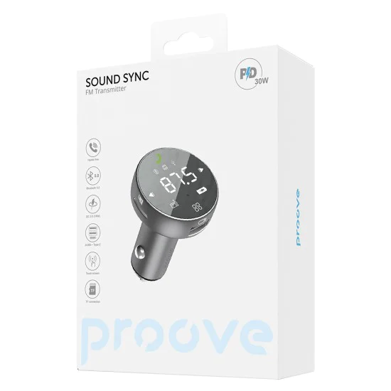 Зарядно за кола с FM трансмитер Proove (FMSS30110003) - Тъчскрийн, Bluetooth 5.0, 30W - Сиво