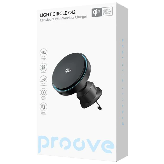 Стойка за кола с безжично зареждане Proove Light Circle (WHLC15010002) - Qi2, 15W - Метално сива