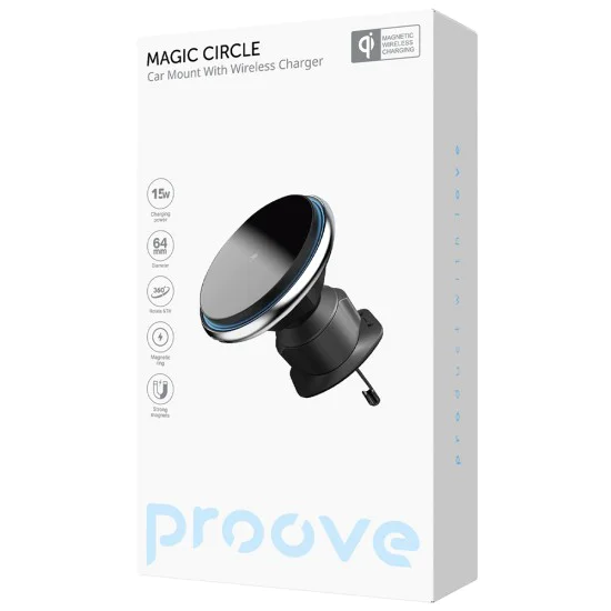 Стойка за кола с безжично зареждане Proove Magic Circle (WHMC15020006) - Магнитна, 15W - Сребриста