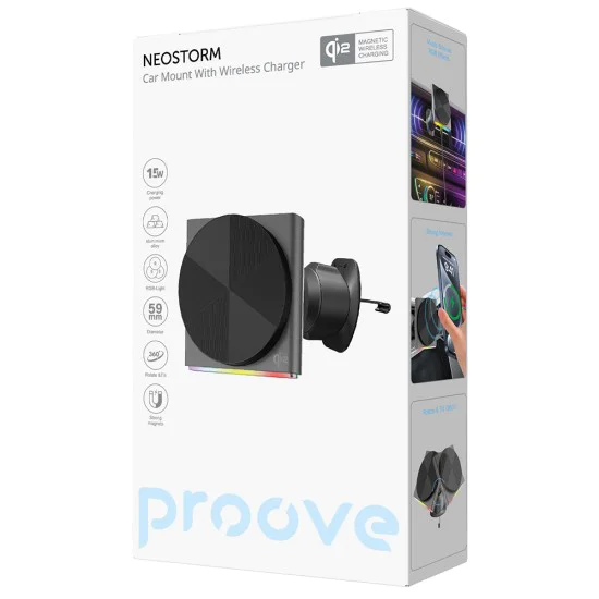 Стойка за кола с безжично зареждане Proove Neostorm (WHNS15002003) - Qi2, RGB, 15W - Сива
