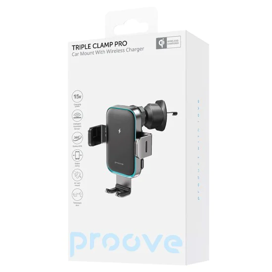 Стойка за кола с безжично зареждане Proove Triple Clamp Pro (WHTP15010004) - 2в1, Qi2, 15W - Метално сива